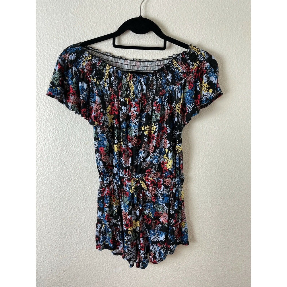 Ella Moss Girls Elastic Collar Printed Cold Shoulder Sleeves Floral Romper 7/8